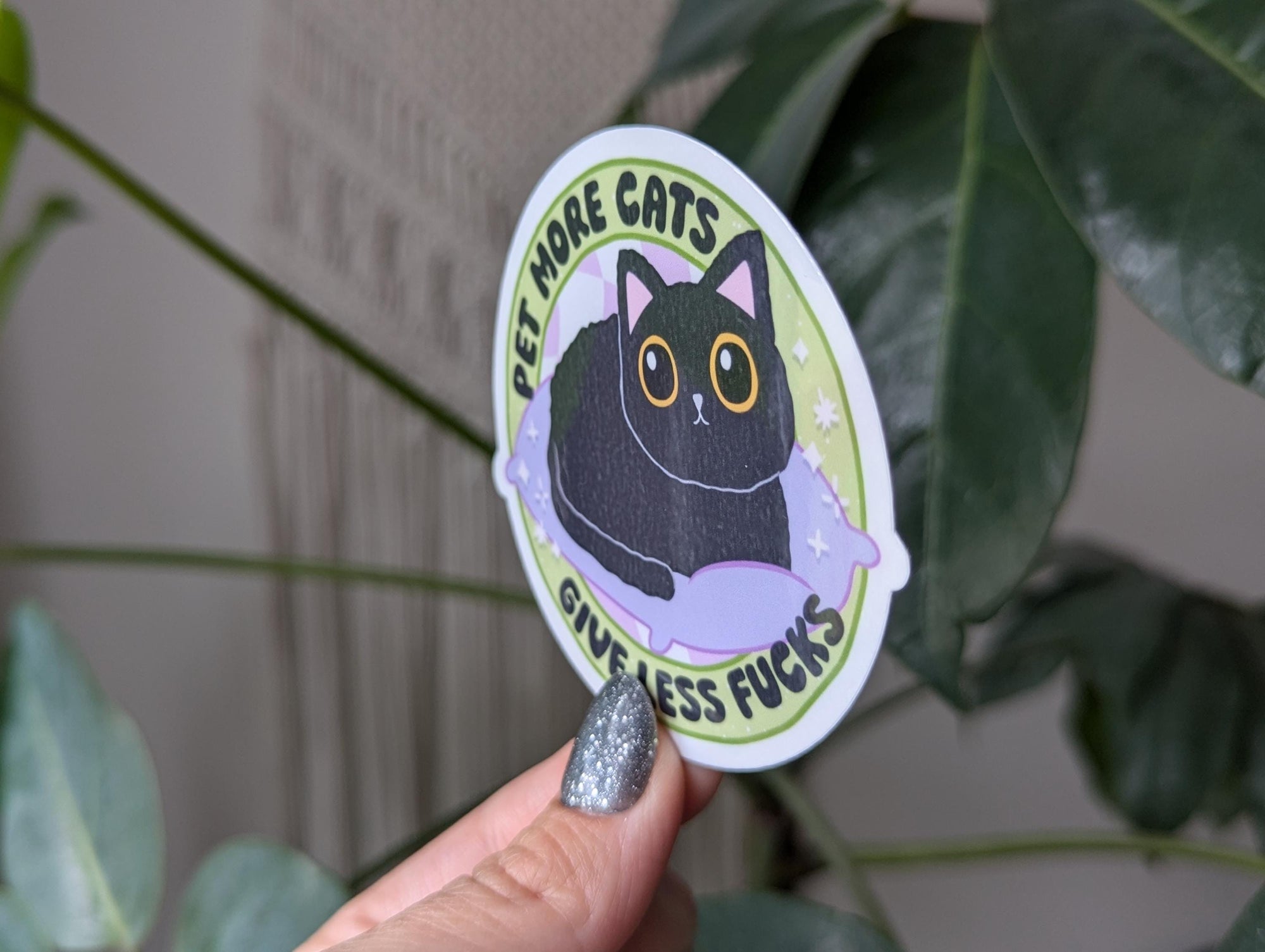 Pet more cats give less fucks, funny cat stickers for water bottle, cat mom gifts, snarky stickers for kindle, black cat sticker, small gift