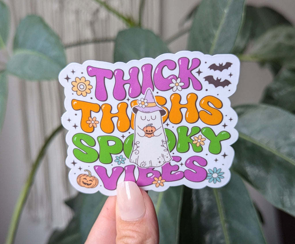 Thick thighs spooky vibes, Halloween gifts for women, fall stickers for kindle, spooky season stickers for hydroflask funny, autumn vibes