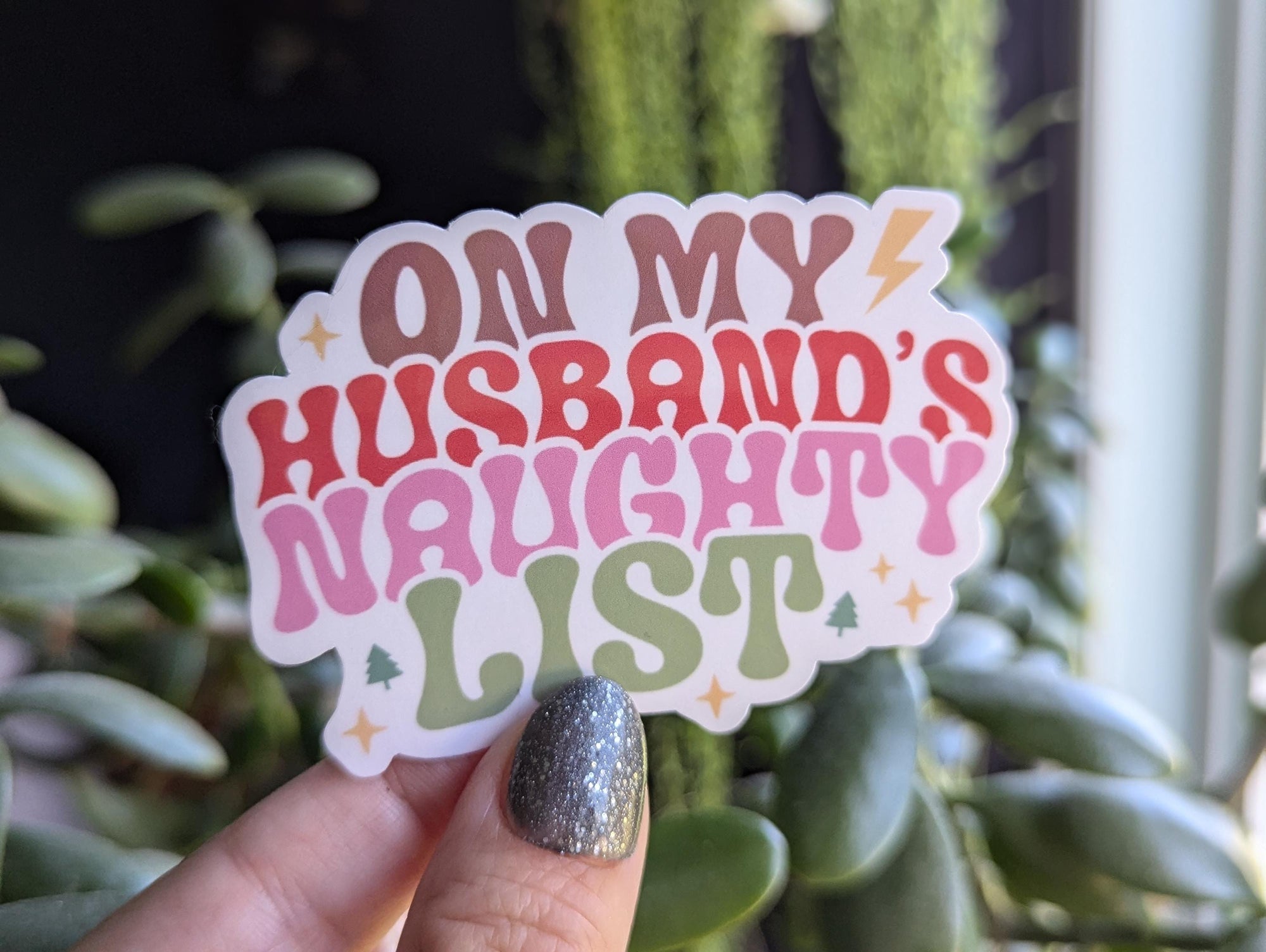 On my husbands naughty list sticker, funny Christmas gift for women, adult stickers, small gift from husband, Santa list, holiday stickers