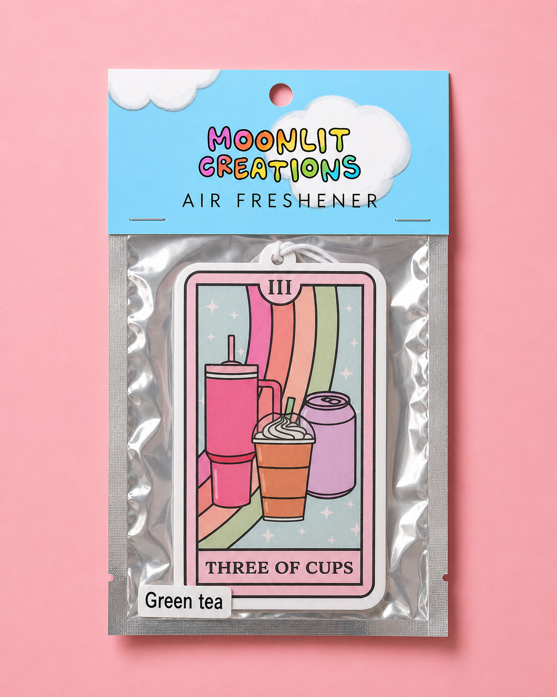 Three of Cups Tarot Air Freshener | Green Tea Scent | Cute Tarot Card Car Air Freshener Gift