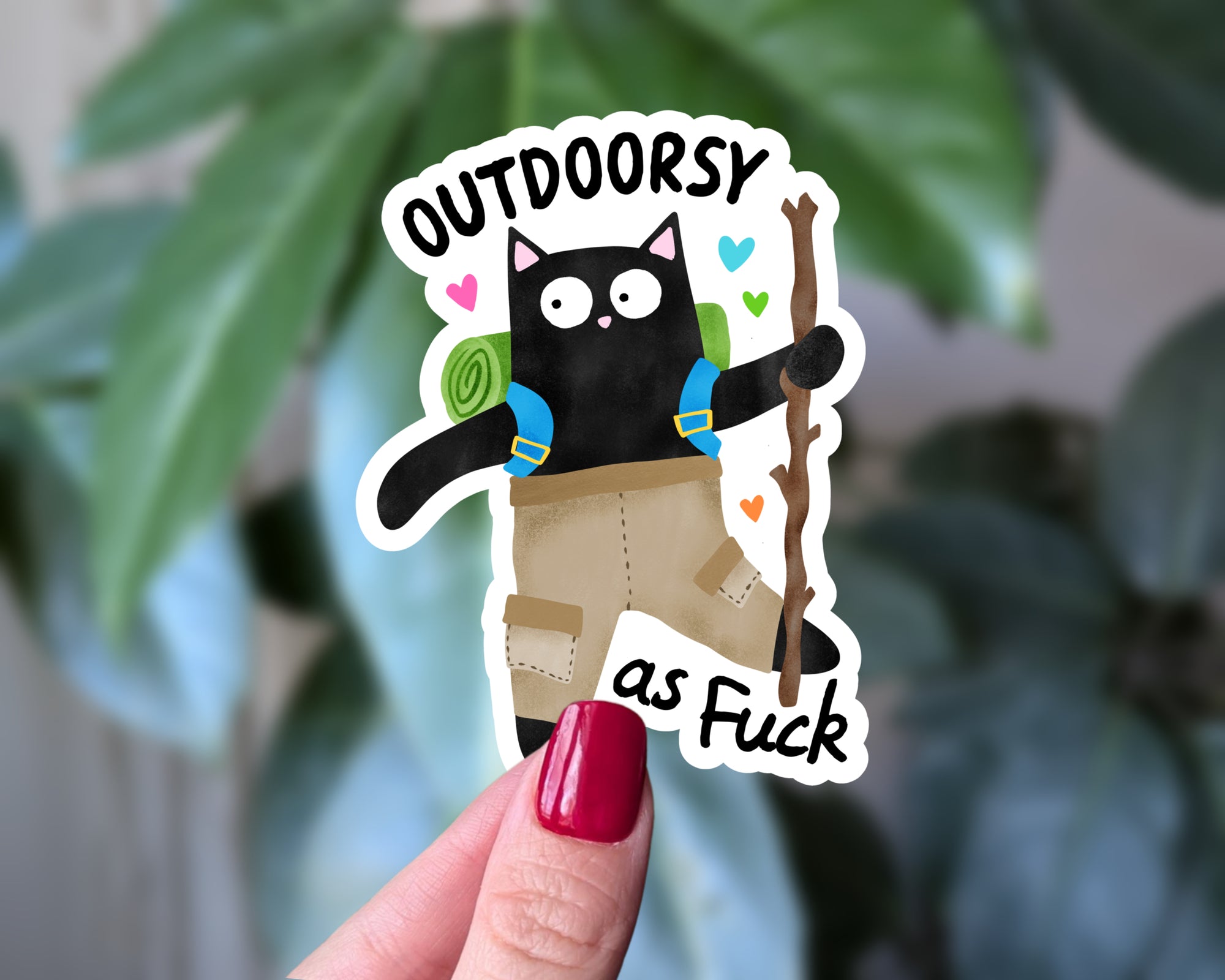 Outdoorsy As Fuck Cat Sticker | Funny Hiking Cat Vinyl Sticker