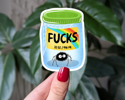 Funny Jar of F*cks Vinyl Sticker | Sarcastic Rainbow Spider Mental Health Humor Decal