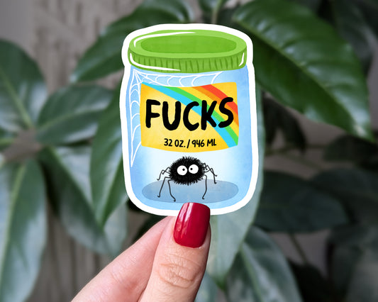 Funny Jar of F*cks Vinyl Sticker | Sarcastic Rainbow Spider Mental Health Humor Decal