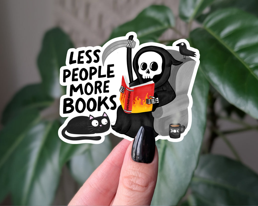 Less People More Books Sticker – Grim Reaper, Cat & Coffee