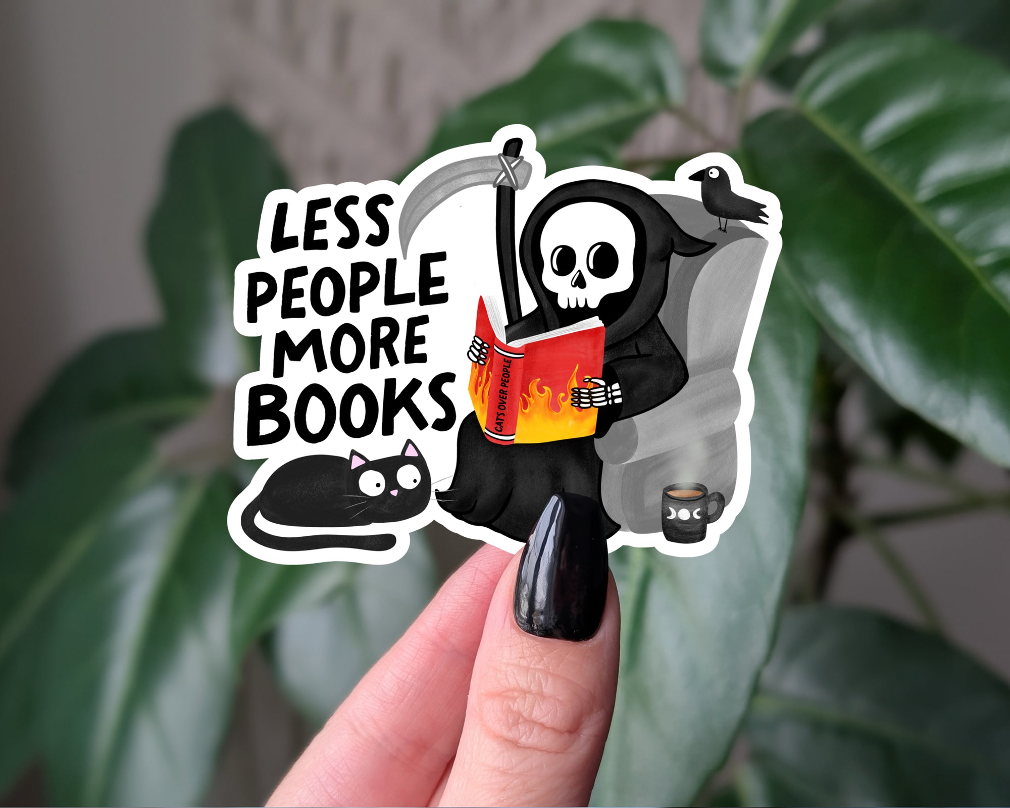 Less People More Books Sticker – Grim Reaper, Cat & Coffee