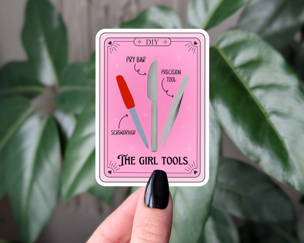 The Girl Tools Tarot Card Sticker | Funny DIY Vinyl Sticker for Women, Toolbox Humor, Pink Cute Sticker