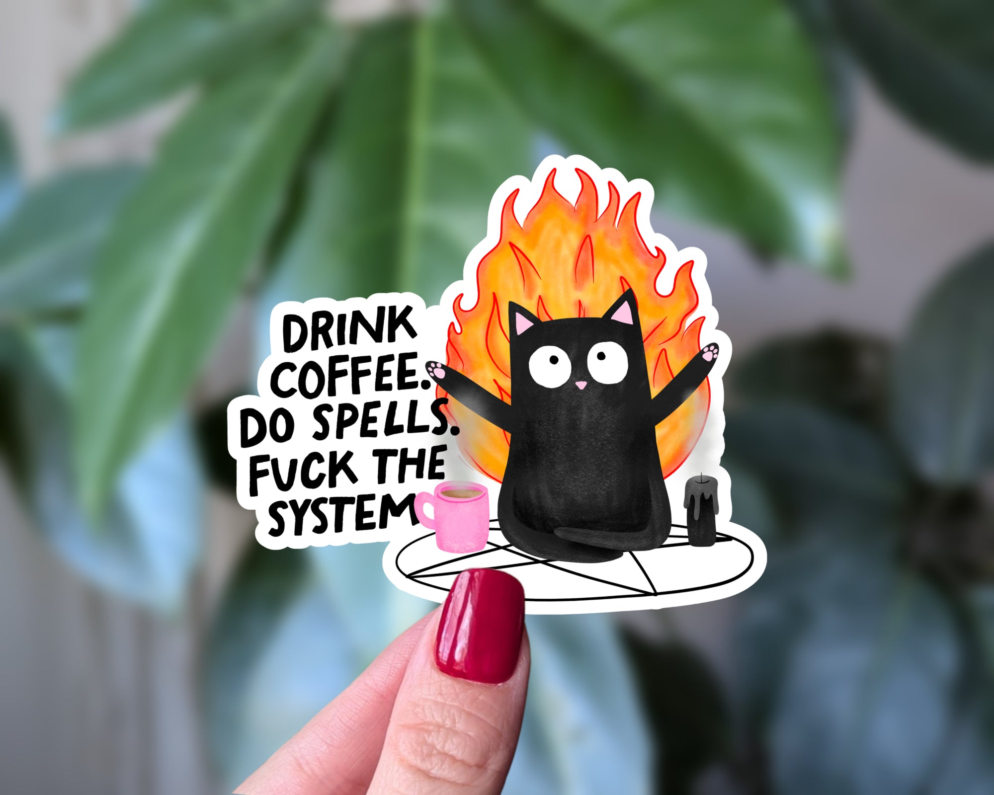 Witch Cat Vinyl Sticker, Drink Coffee, Do Spells, Rebel