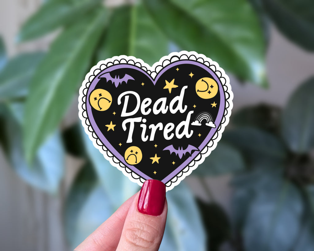Dead Tired Heart Sticker – Spooky Cute Bats & Stars