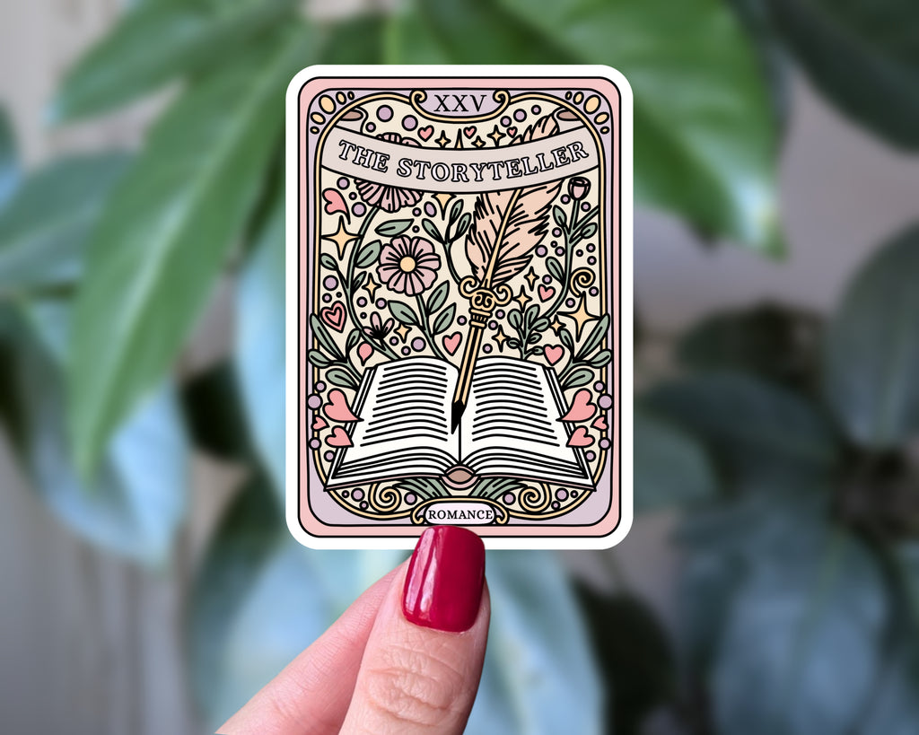 The Storyteller Tarot Sticker – Bookish Romance Floral Writing Design